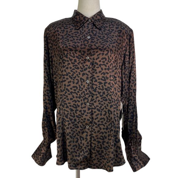 Vintage Y2K Lord & Taylor Silk Brown Leopard Printed Shirt Top - Picture 1 of 11